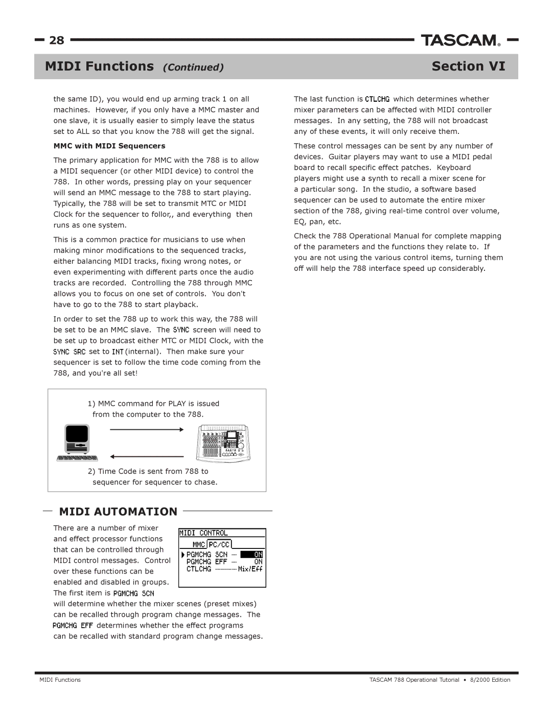 Tascam 788 manual Midi Functions, Midi Automation, MMC with Midi Sequencers 