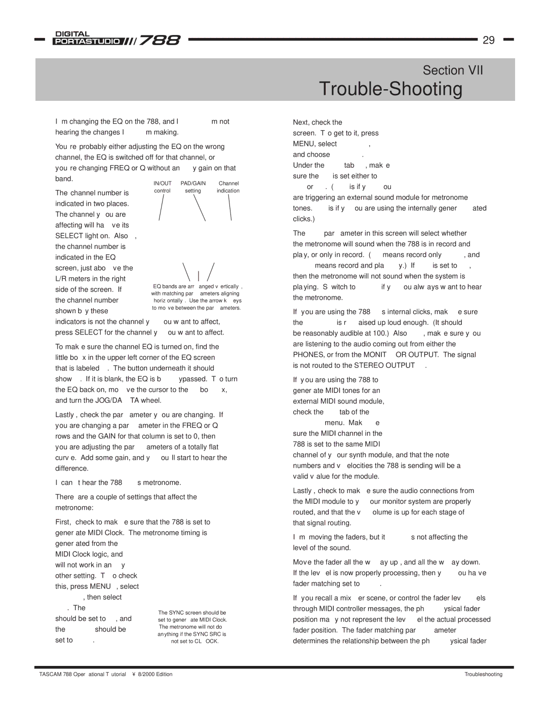 Tascam manual Trouble-Shooting, Can’t hear the 788’s metronome 