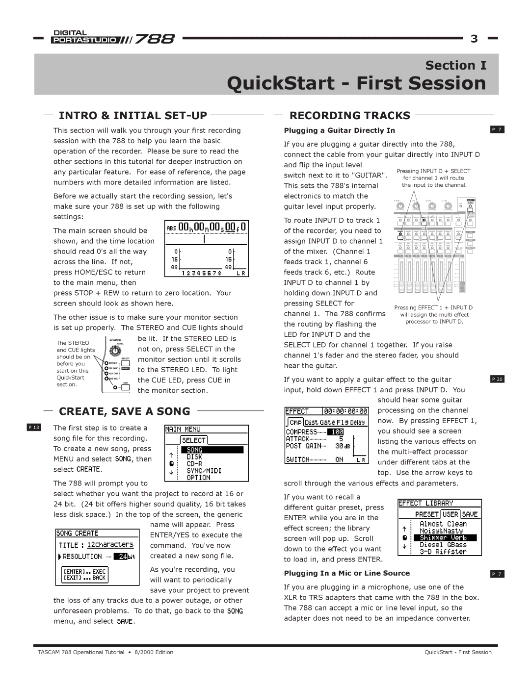 Tascam 788 manual QuickStart First Session, Section, Intro & Initial SET-UP, CREATE, Save a Song, Recording Tracks 