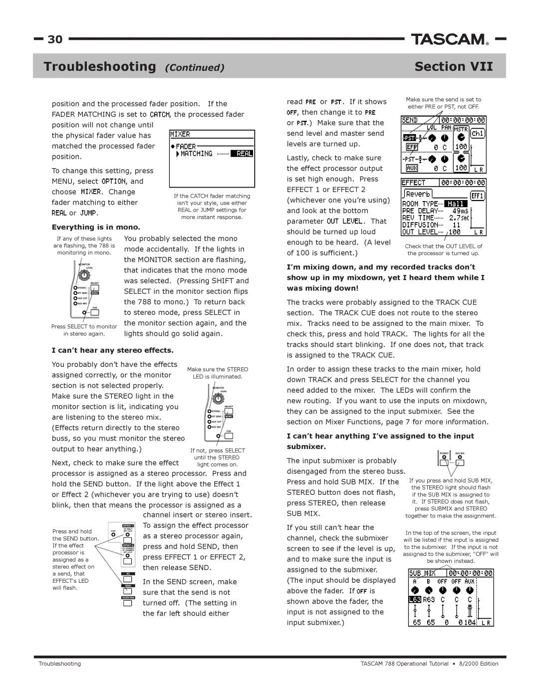 Tascam 788 manual Troubleshooting Section, Everything is in mono, Can’t hear any stereo effects, Sub Mix 