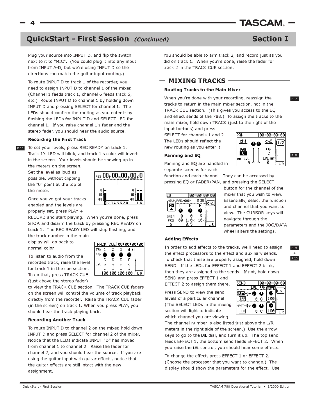 Tascam 788 manual QuickStart First Session, Mixing Tracks 