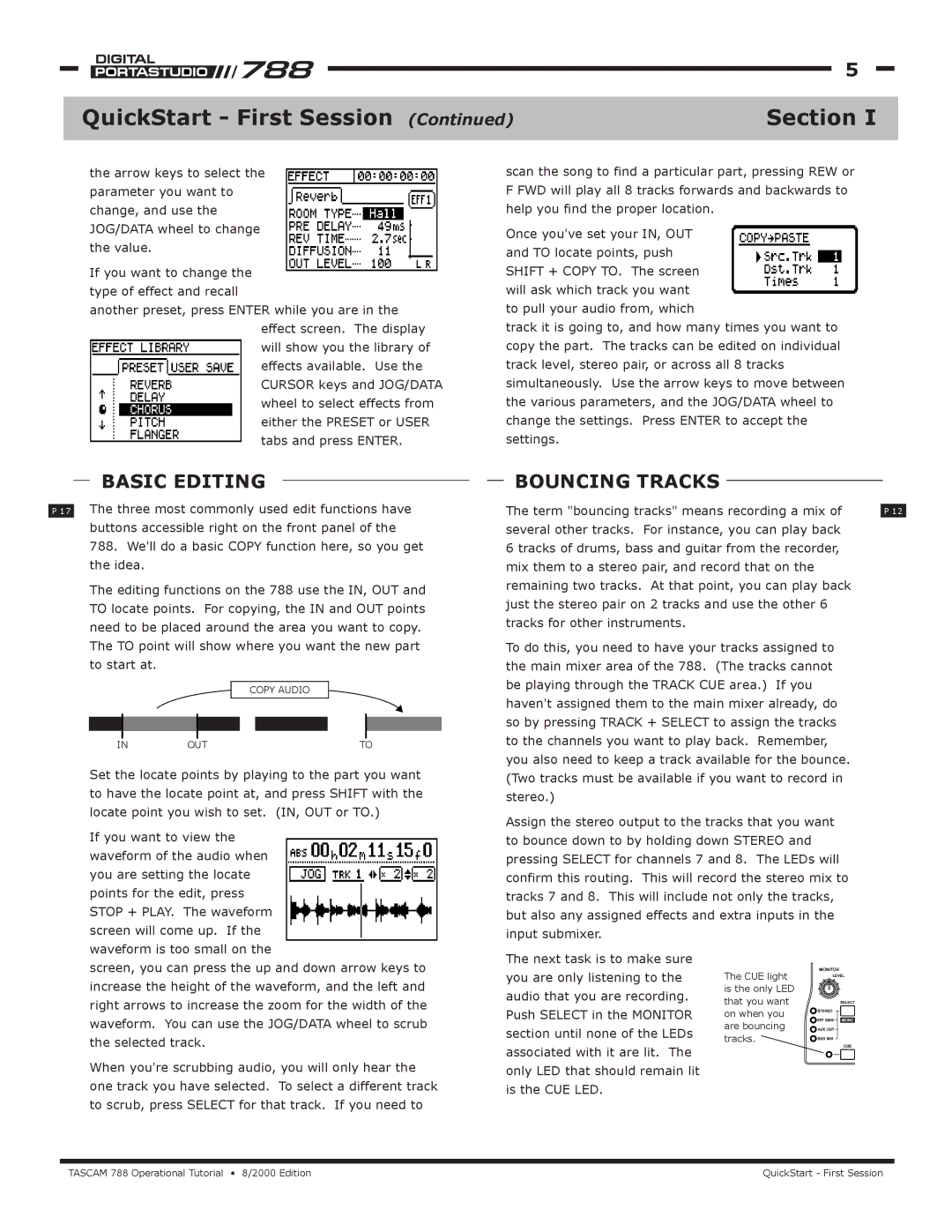 Tascam 788 manual Basic Editing, Bouncing Tracks 