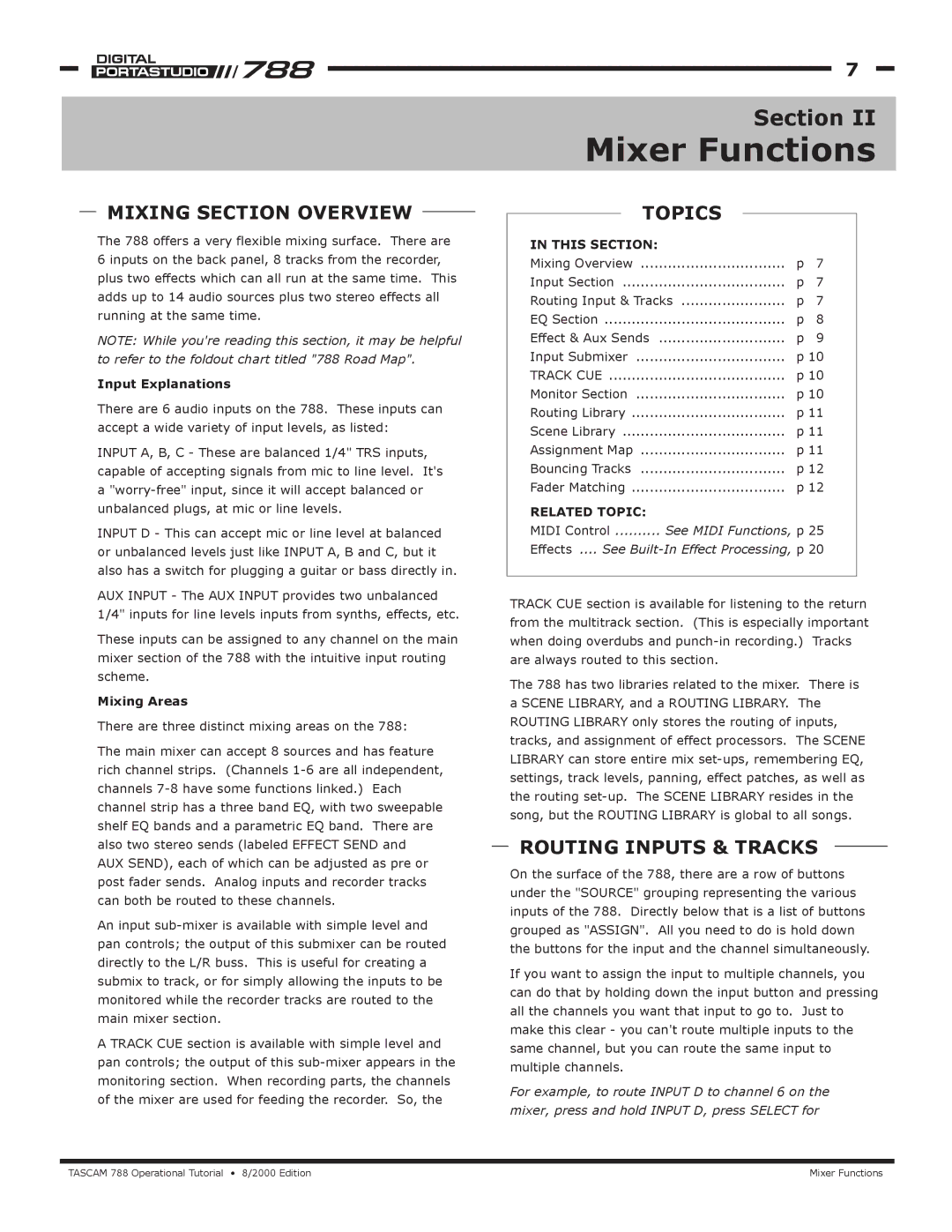 Tascam 788 manual Mixer Functions, Mixing Section Overview, Topics, Routing Inputs & Tracks 