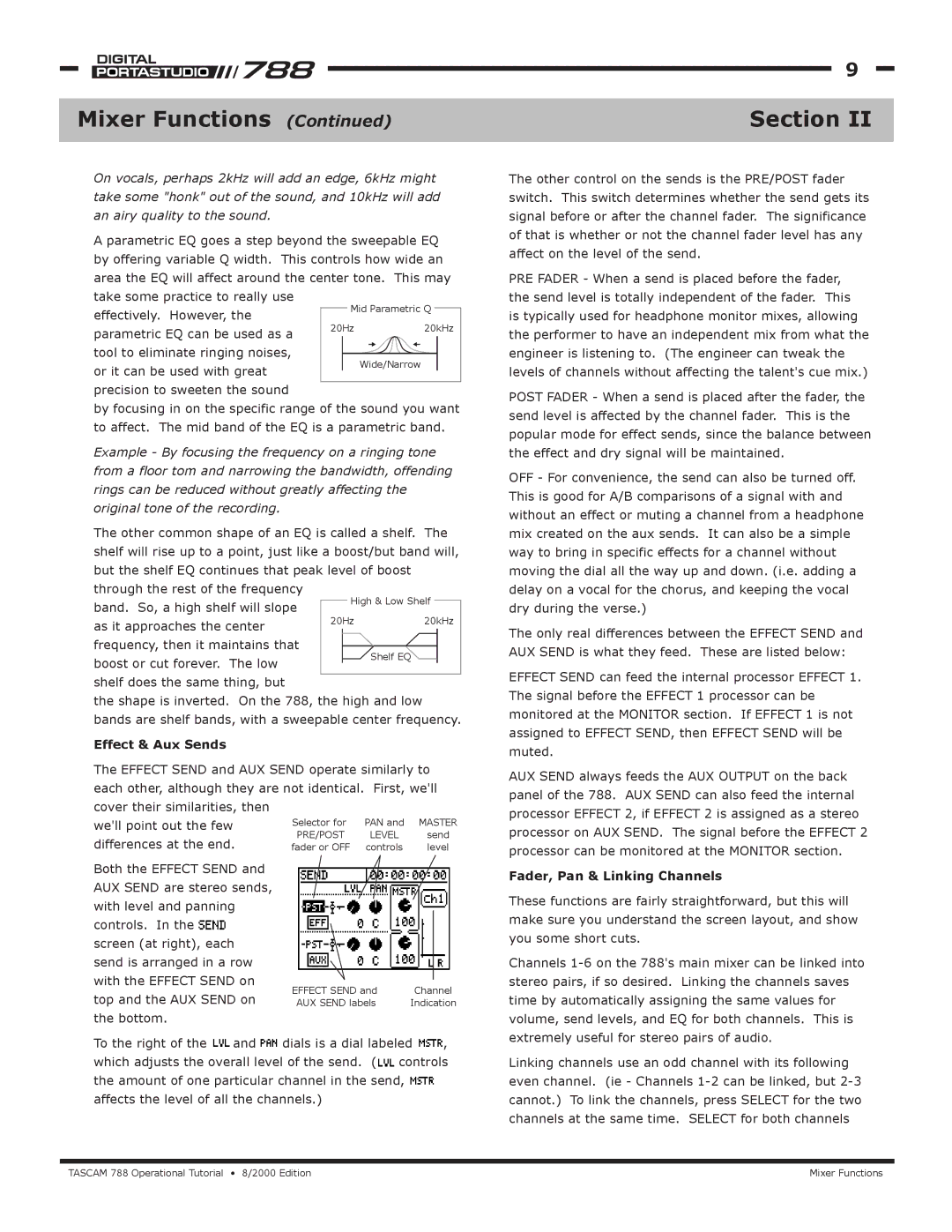 Tascam 788 manual Mixer Functions, Effect & Aux Sends, Fader, Pan & Linking Channels 