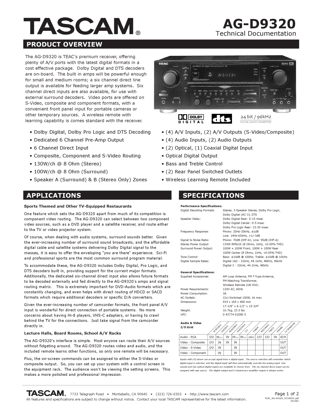 Tascam AG-D9320 specifications Product Overview, Applications, Specifications 