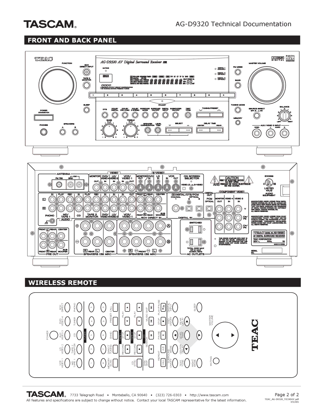 Tascam AG-D9320 specifications Front and Back Panel Wireless Remote, Tape 