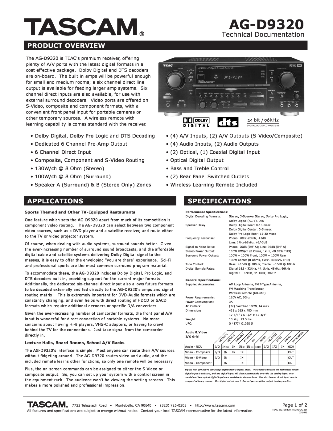 Tascam AG-D9320 specifications Technical Documentation, Product Overview, Applications, Specifications 