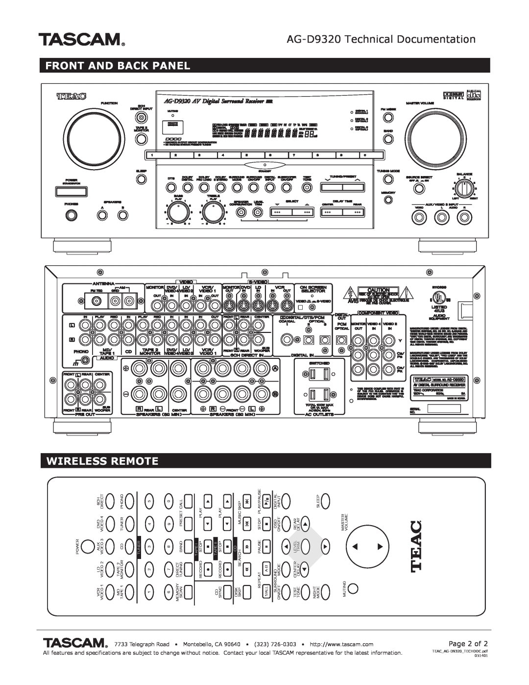 Tascam specifications AG-D9320Technical Documentation, Front And Back Panel Wireless Remote 