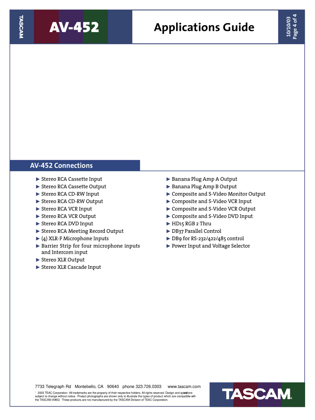 Tascam manual AV-452 Connections 