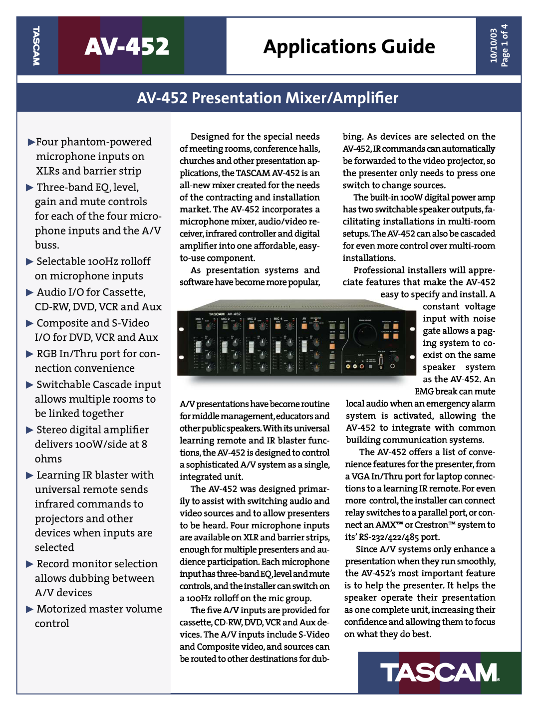 Tascam manual Applications Guide, AV-452Presentation Mixer/Ampliﬁer 