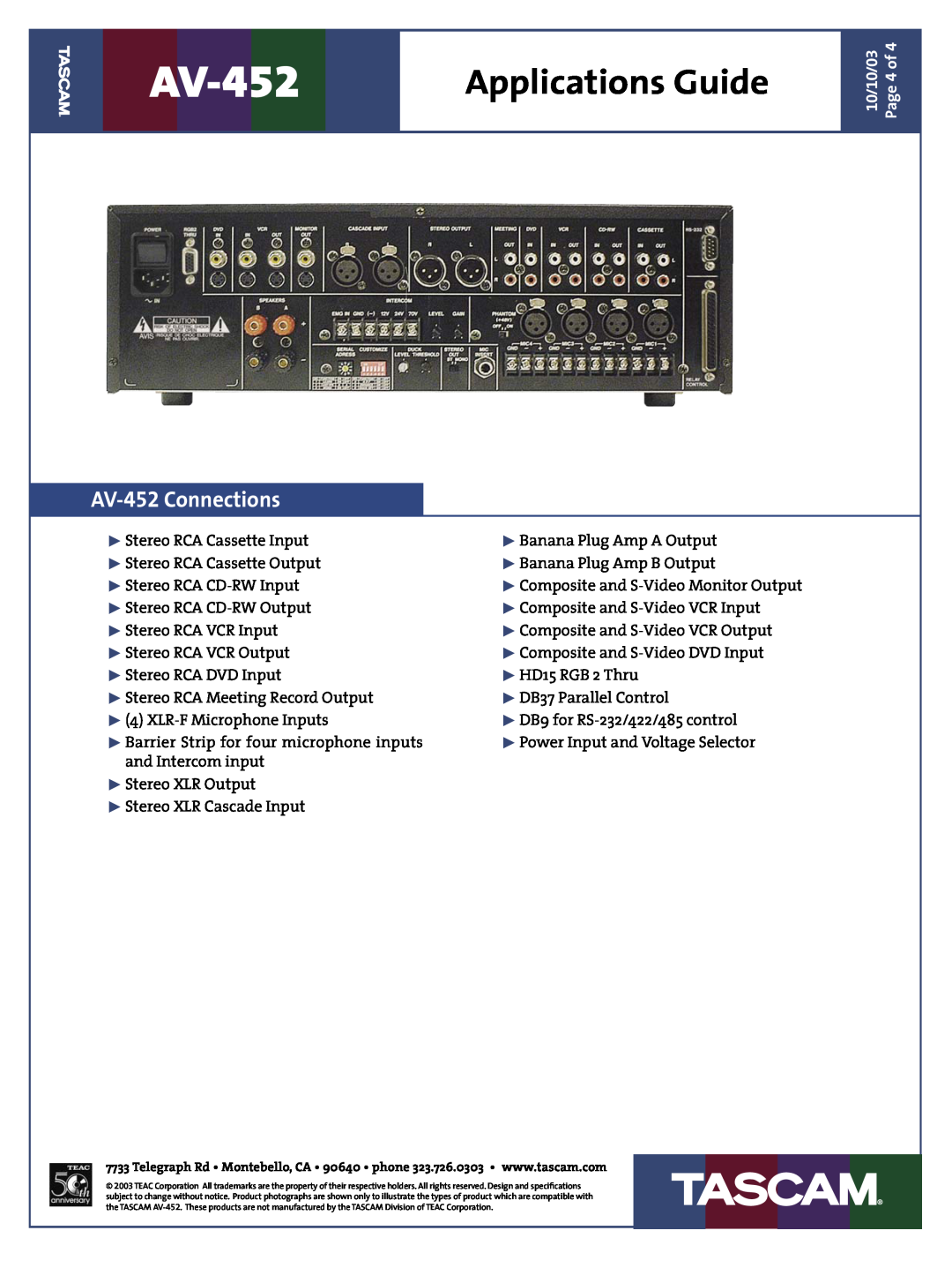 Tascam manual AV-452Connections, Applications Guide 