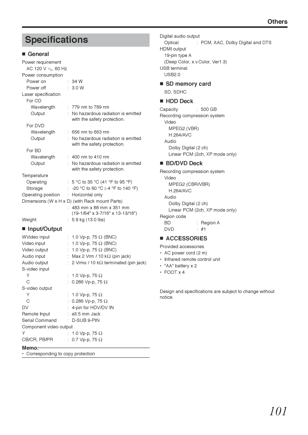 Tascam BD-R2000 owner manual 101, Specifications, Accessories 