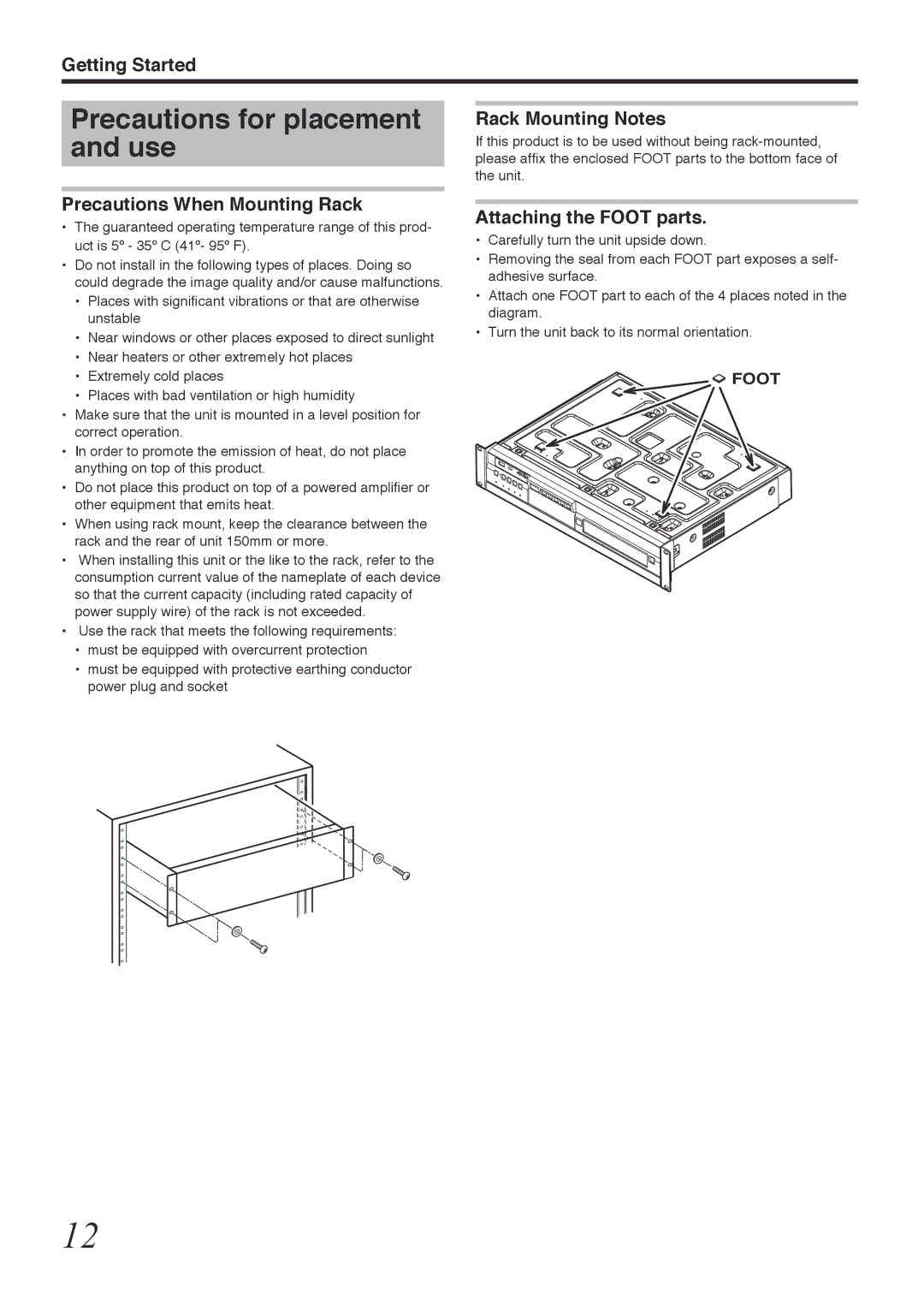 Tascam BD-R2000 owner manual Precautions for placement, Use, Rack Mounting Notes, Precautions When Mounting Rack 