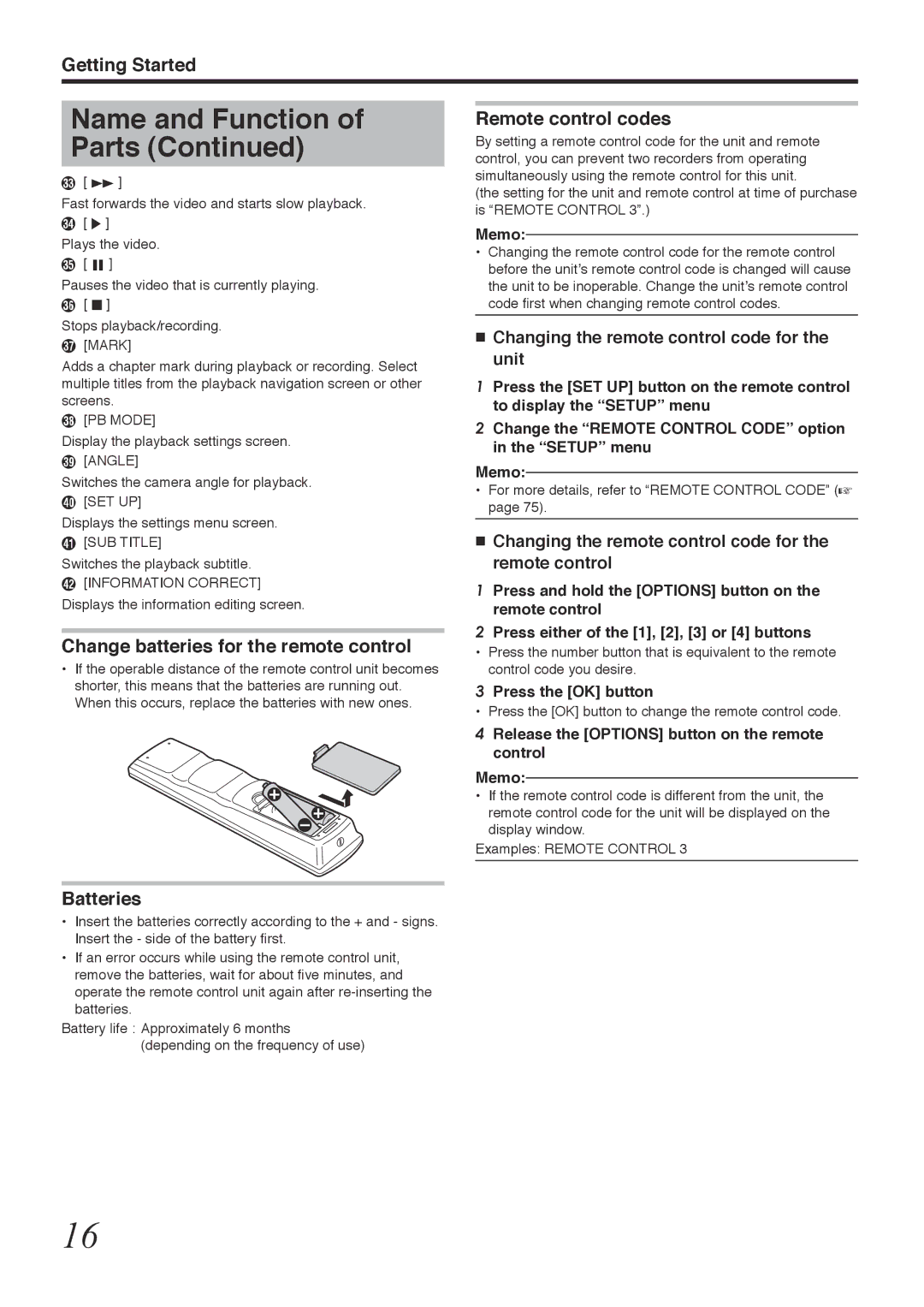 Tascam BD-R2000 owner manual Name and Function, Remote control codes, Change batteries for the remote control, Batteries 