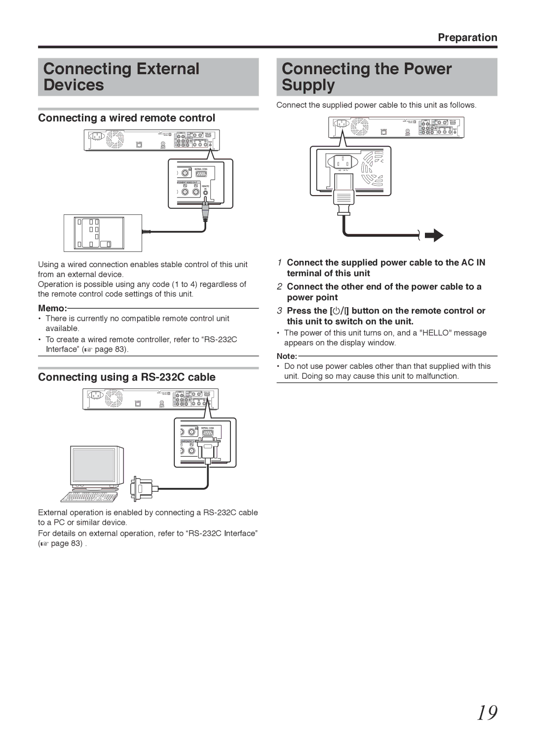 Tascam BD-R2000 owner manual Connecting External Devices, Connecting the Power Supply, Connecting a wired remote control 