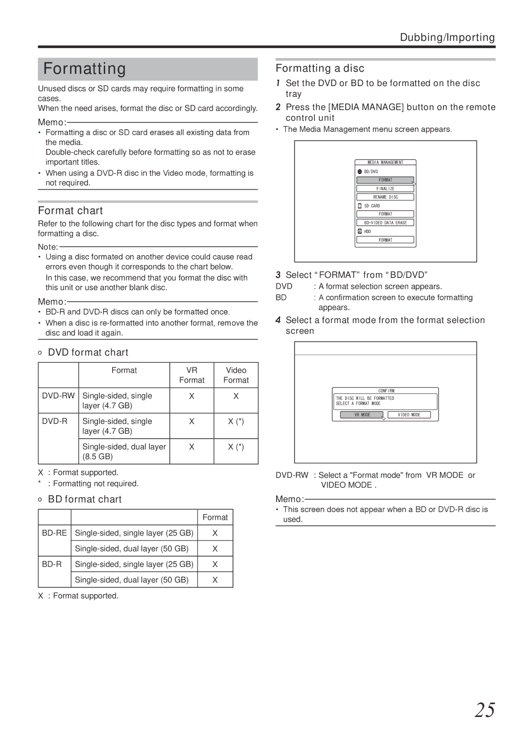 Tascam BD-R2000 owner manual Format chart, Formatting a disc, DVD format chart, BD format chart 