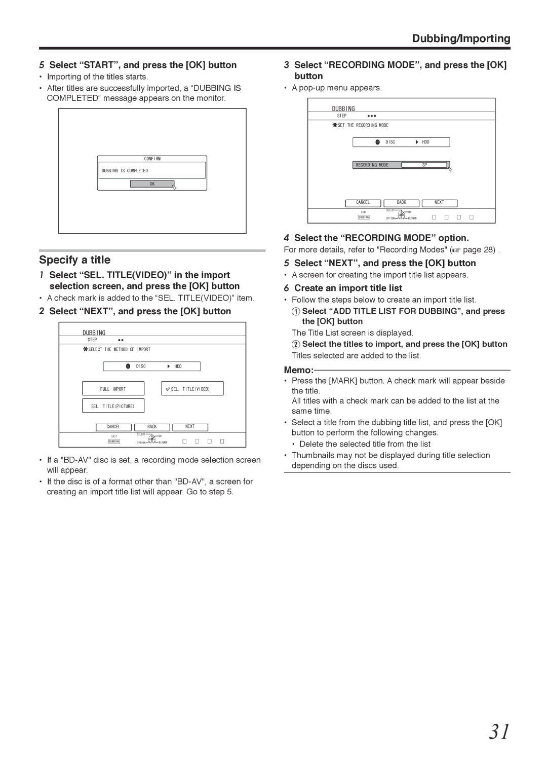 Tascam BD-R2000 Specify a title, Select START, and press the OK button, Select Recording MODE, and press the OK button 