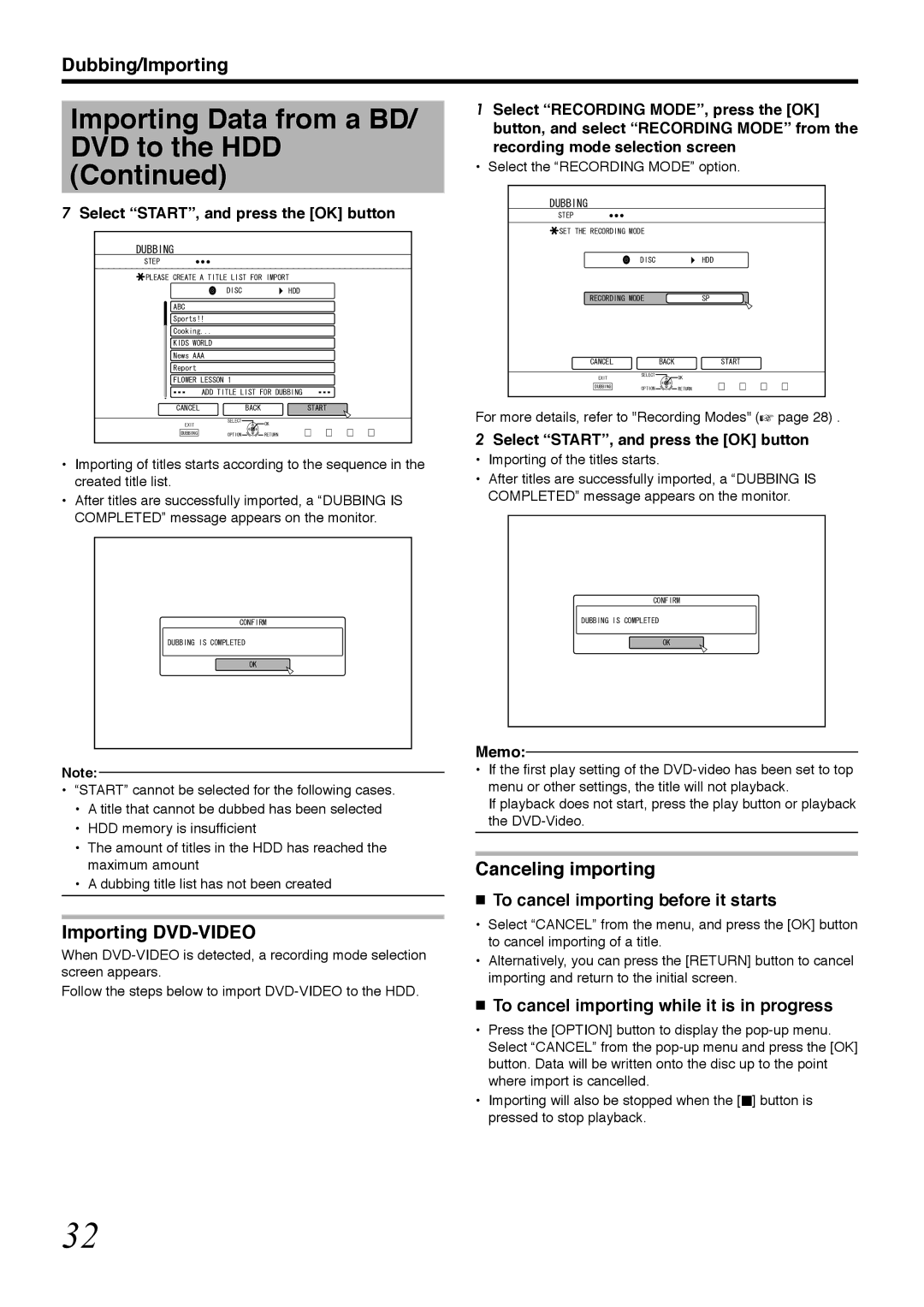 Tascam BD-R2000 owner manual Importing Data from a BD/ DVD to the HDD, Importing DVD-VIDEO, Canceling importing 