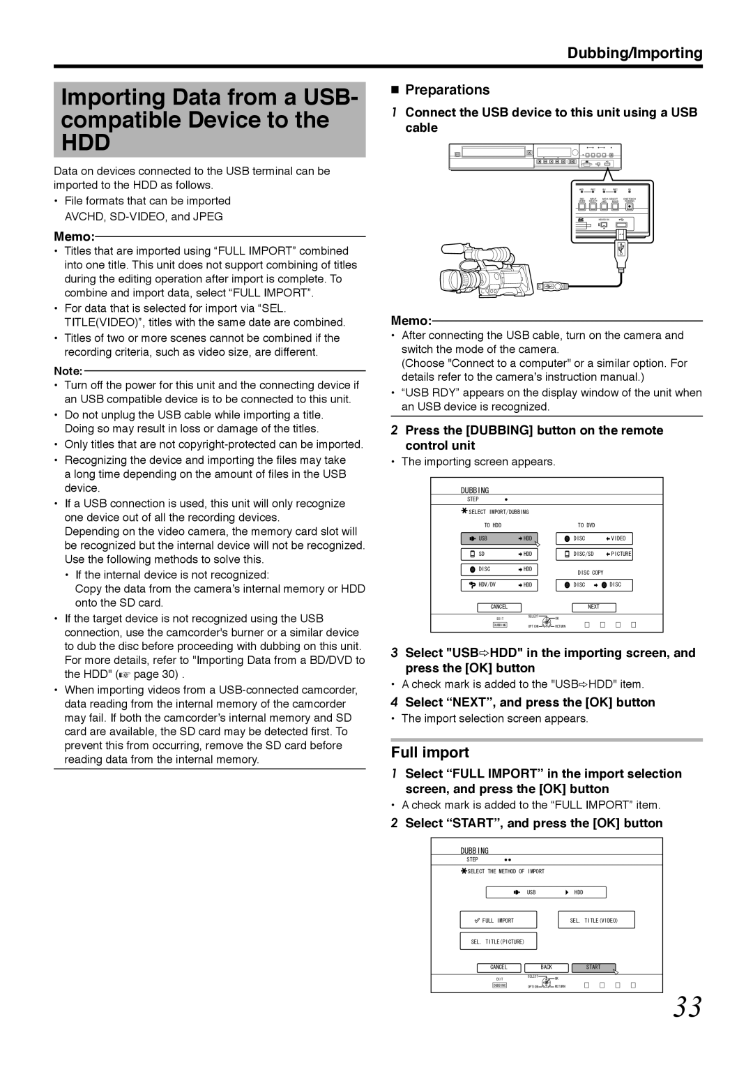 Tascam BD-R2000 Importing Data from a USB- compatible Device to, Connect the USB device to this unit using a USB cable 