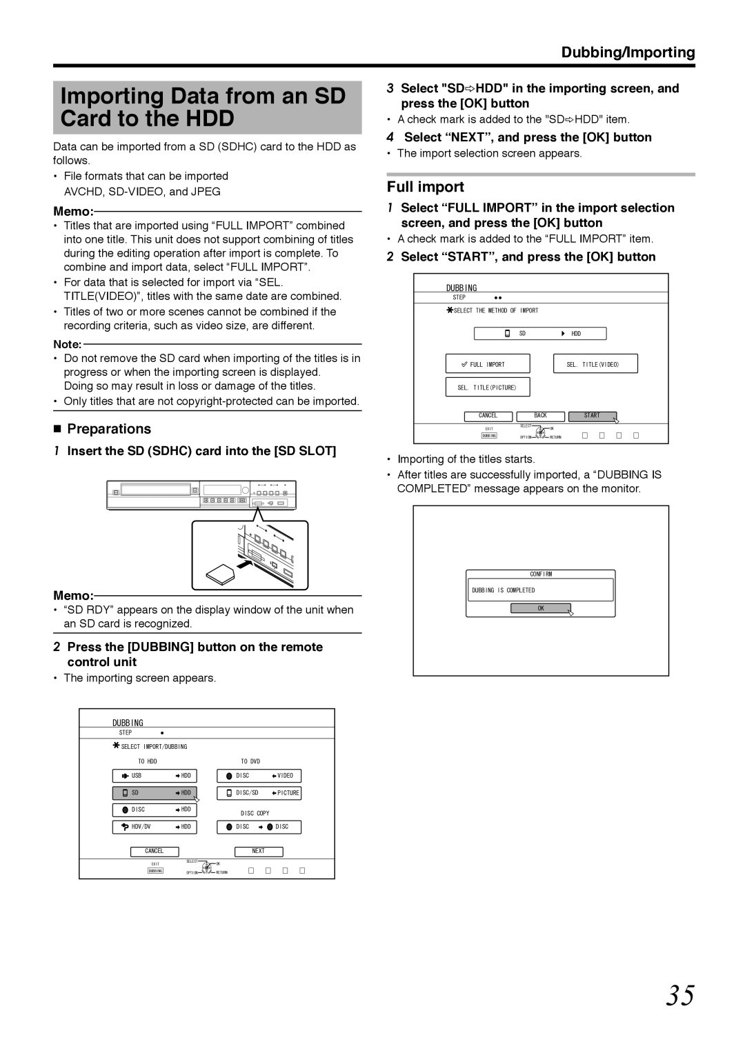 Tascam BD-R2000 owner manual Importing Data from an SD Card to the HDD, Insert the SD Sdhc card into the SD Slot Memo 