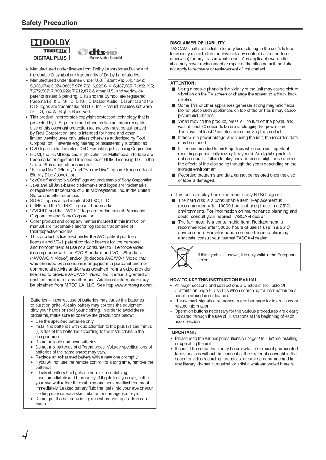 Tascam BD-R2000 owner manual Disclaimer of Liability 