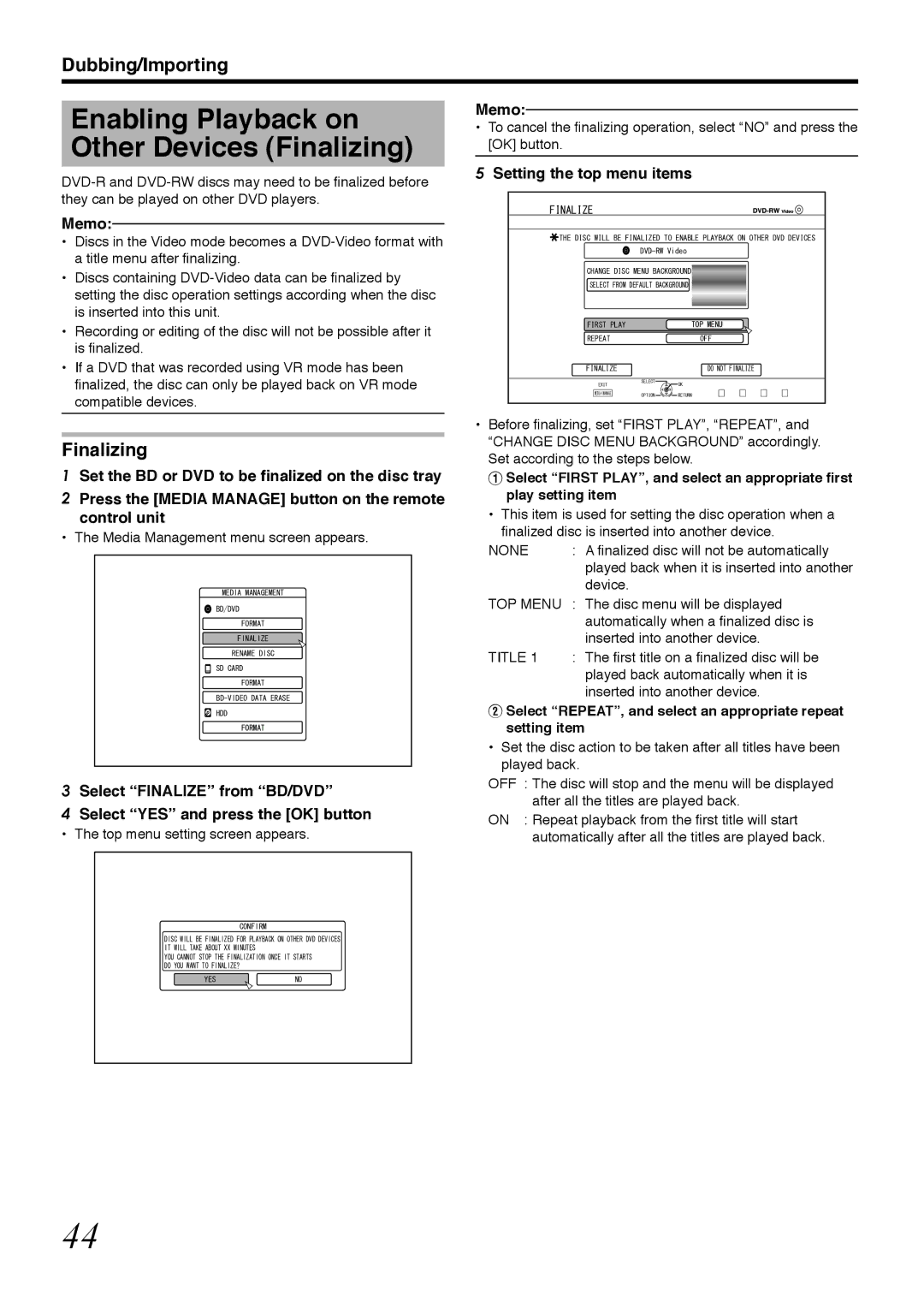 Tascam BD-R2000 owner manual Enabling Playback on Other Devices Finalizing, Setting the top menu items, None 