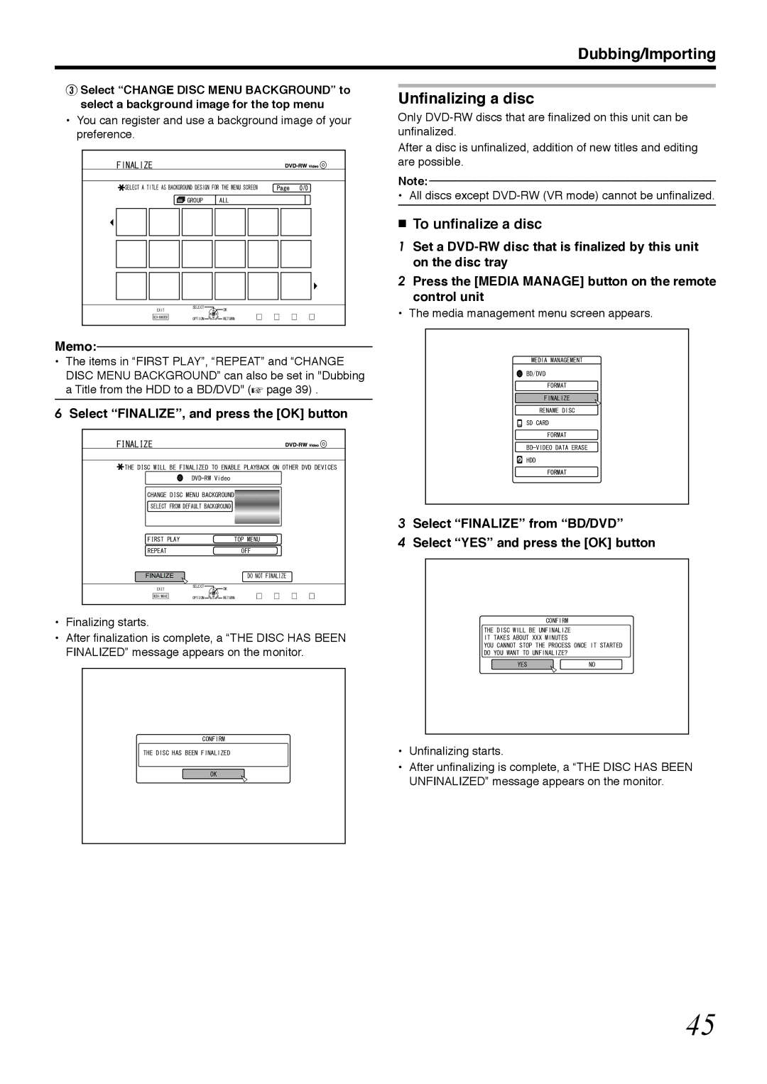 Tascam BD-R2000 owner manual Unfinalizing a disc, To unfinalize a disc 