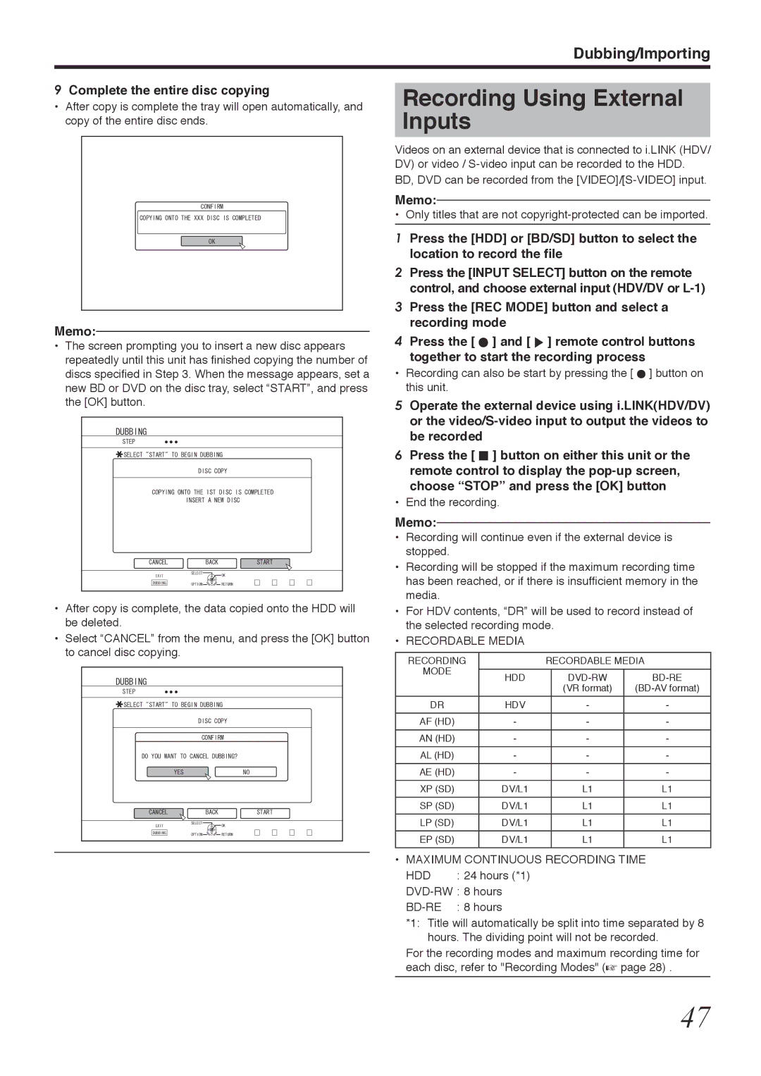 Tascam BD-R2000 owner manual Recording Using External Inputs, Complete the entire disc copying, Recordable Media 