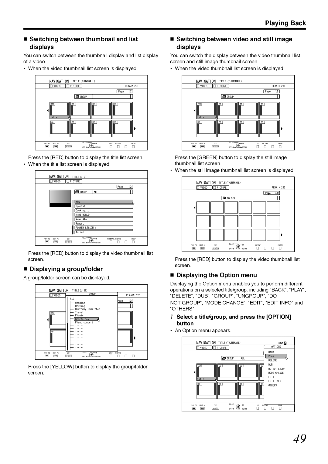 Tascam BD-R2000 Switching between thumbnail and list displays, Displaying a group/folder, Displaying the Option menu 