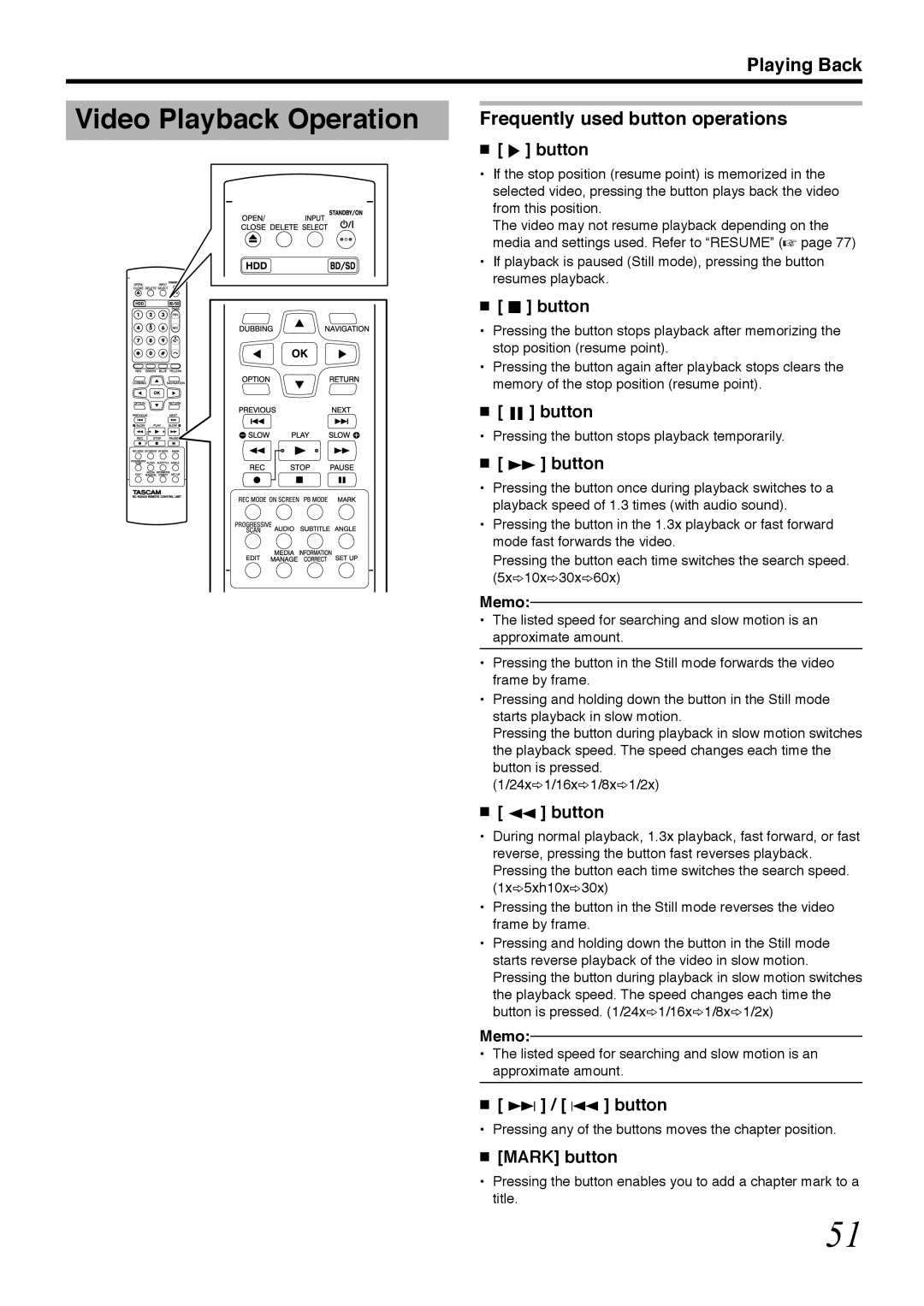 Tascam BD-R2000 owner manual Video Playback Operation, Frequently used button operations, Button, S button, Mark button 