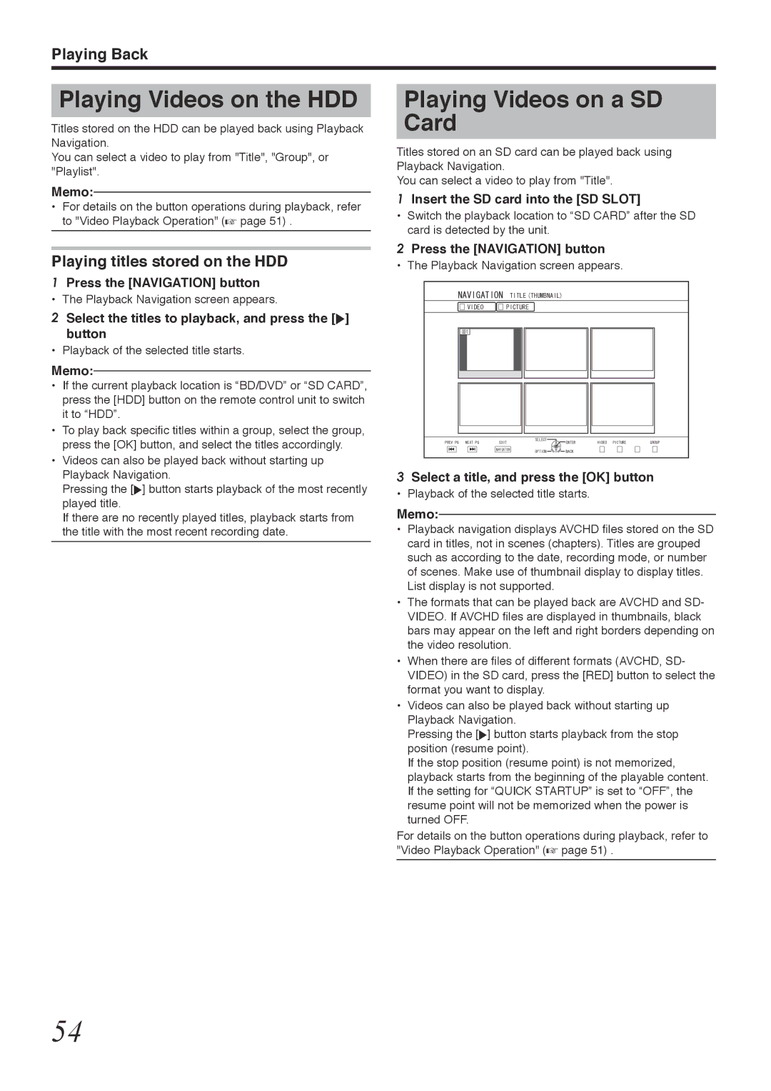 Tascam BD-R2000 owner manual Playing Videos on the HDD, Playing Videos on a SD Card, Playing titles stored on the HDD 