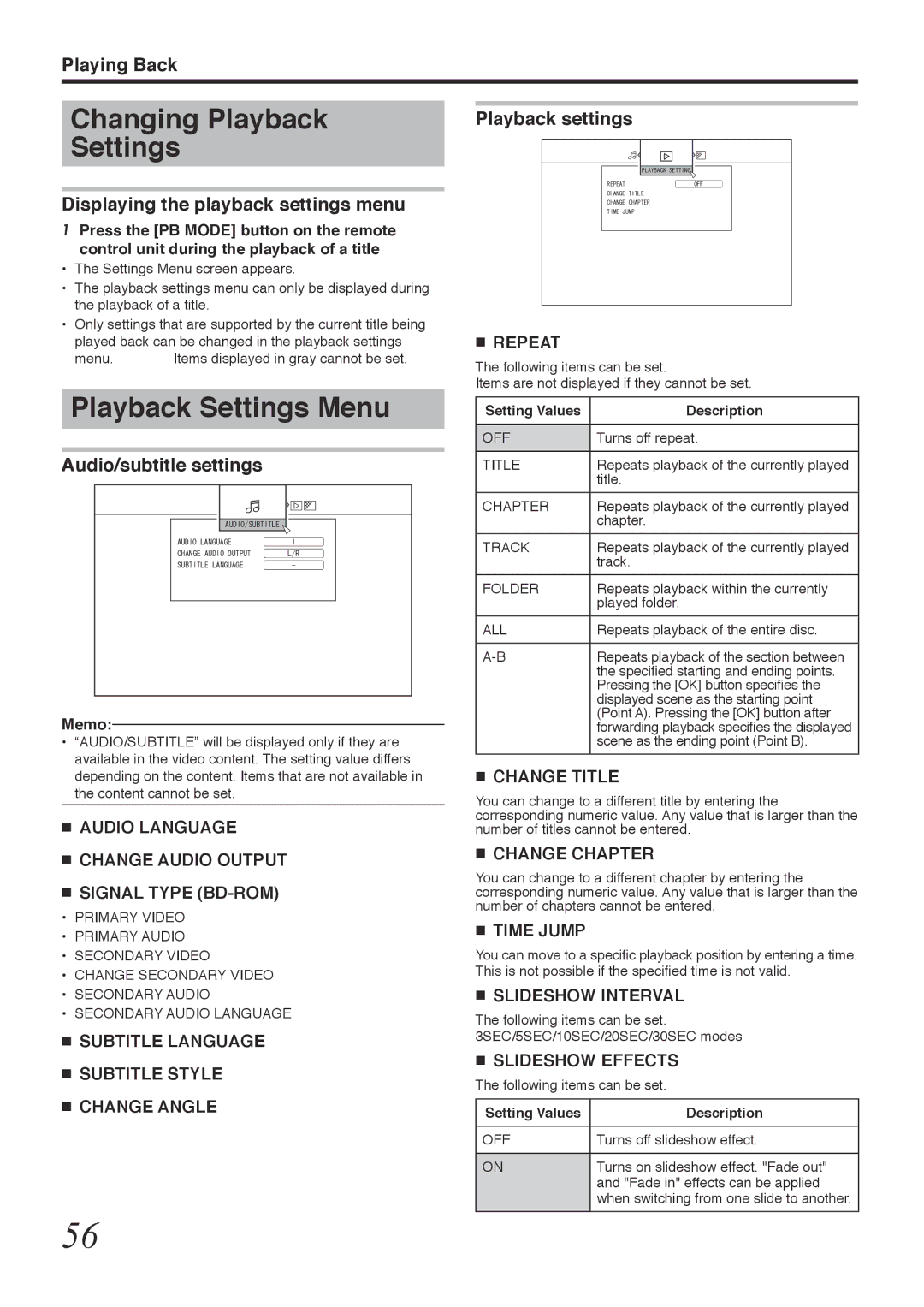 Tascam BD-R2000 owner manual Changing Playback Settings, Playback Settings Menu, Displaying the playback settings menu 