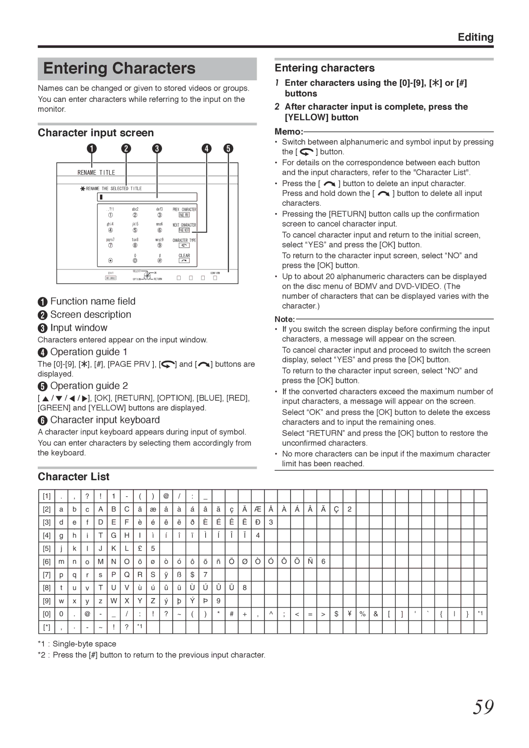 Tascam BD-R2000 owner manual Entering Characters, Character input screen, Character List Entering characters 