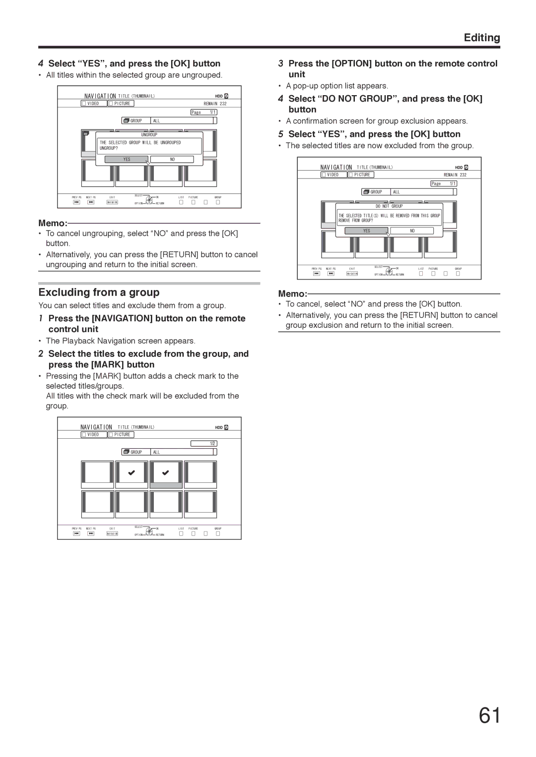 Tascam BD-R2000 owner manual Excluding from a group, Select do not GROUP, and press the OK button 