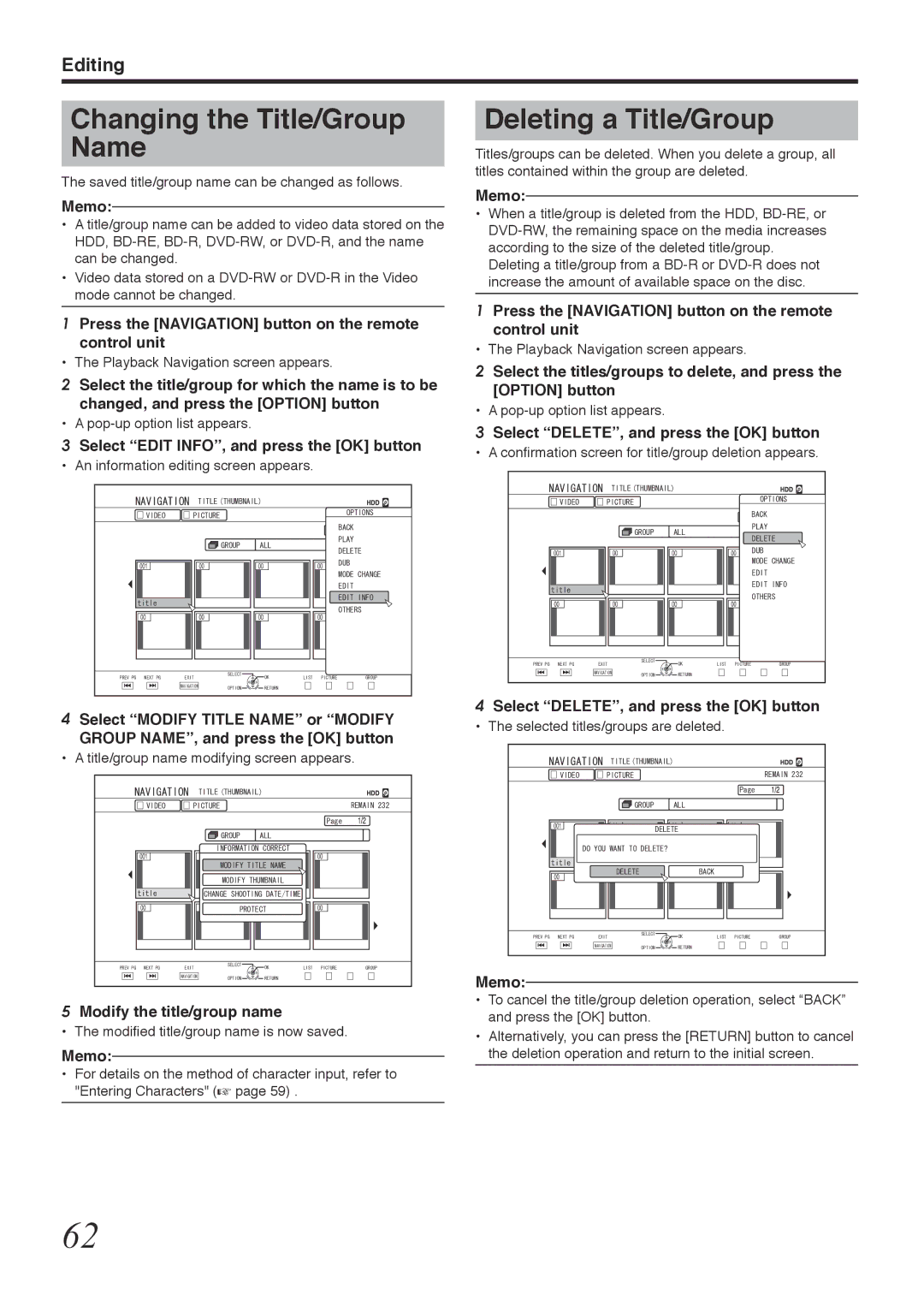 Tascam BD-R2000 Changing the Title/Group Name, Deleting a Title/Group, Select Edit INFO, and press the OK button 