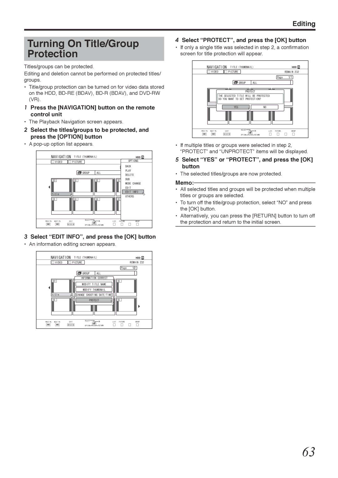 Tascam BD-R2000 owner manual Turning On Title/Group Protection, Select PROTECT, and press the OK button 