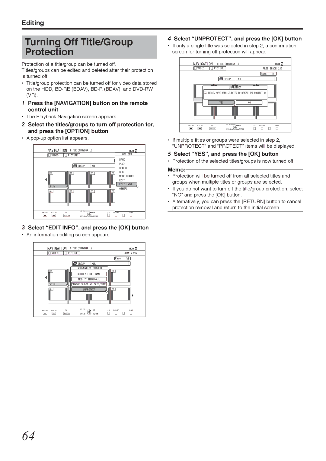 Tascam BD-R2000 owner manual Turning Off Title/Group Protection, Select UNPROTECT, and press the OK button 