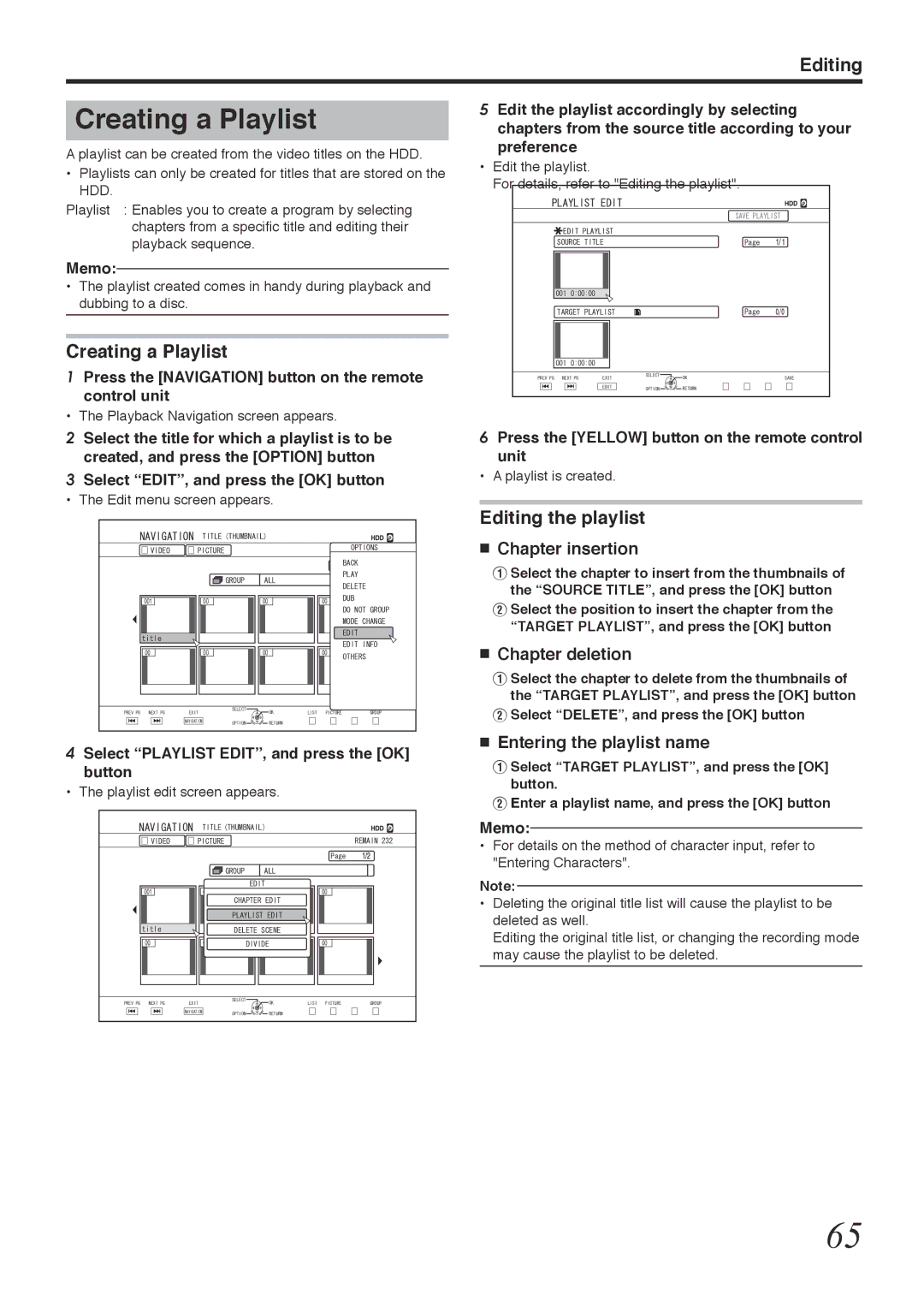 Tascam BD-R2000 owner manual Creating a Playlist, Editing the playlist 