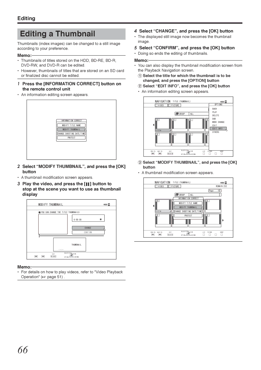 Tascam BD-R2000 owner manual Editing a Thumbnail, Select Modify THUMBNAIL, and press the OK button 