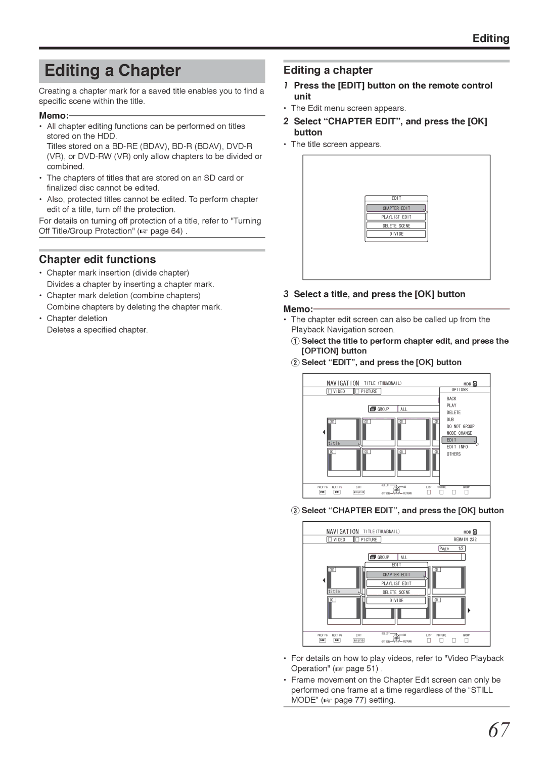 Tascam BD-R2000 owner manual Editing a Chapter, Chapter edit functions, Editing a chapter 