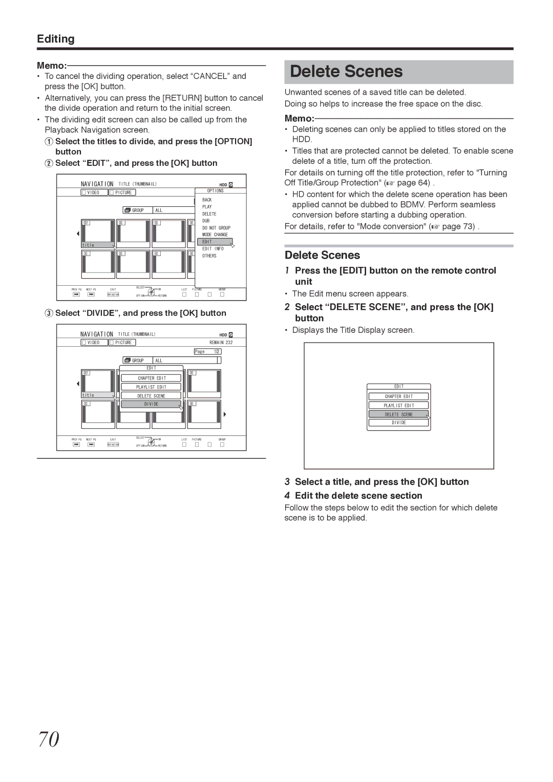 Tascam BD-R2000 Delete Scenes, Select Delete SCENE, and press the OK button, Select DIVIDE, and press the OK button 