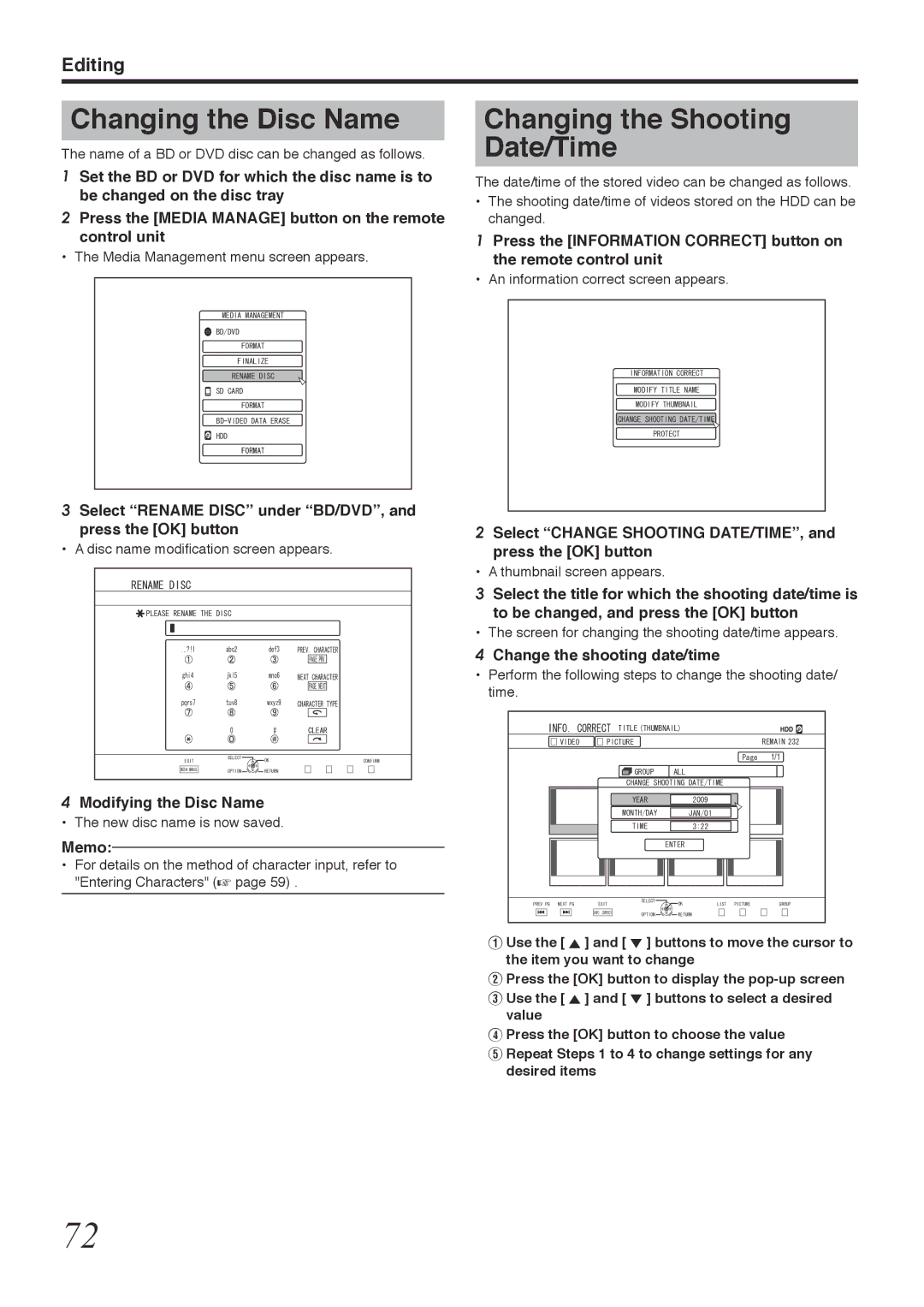 Tascam BD-R2000 owner manual Changing the Disc Name, Changing the Shooting Date/Time 