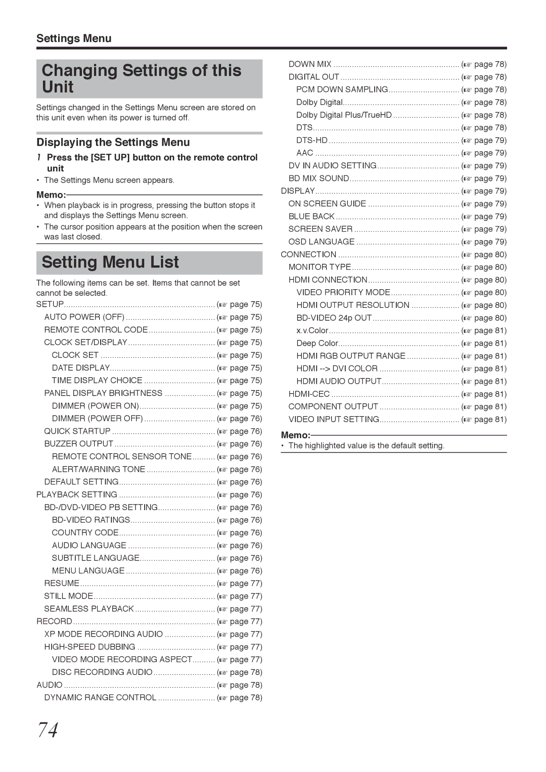 Tascam BD-R2000 owner manual Changing Settings of this Unit, Setting Menu List, Displaying the Settings Menu 