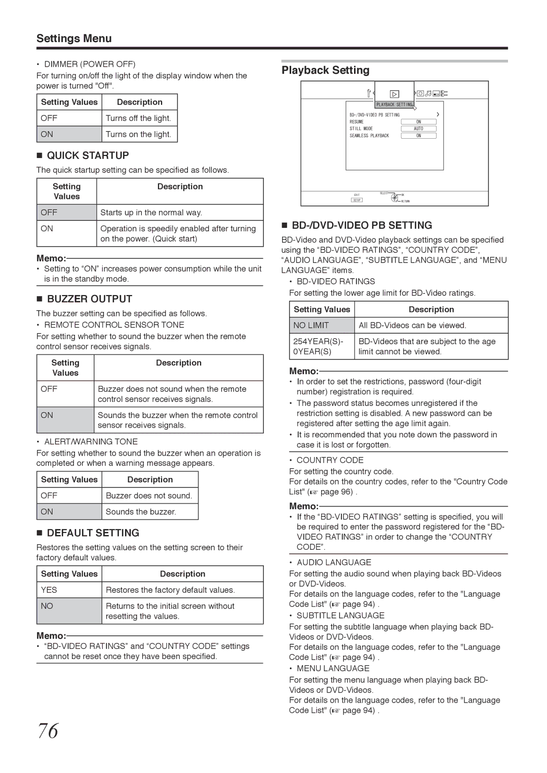 Tascam BD-R2000 owner manual Playback Setting, Quick Startup, Buzzer Output, Default Setting, BD-/DVD-VIDEO PB Setting 