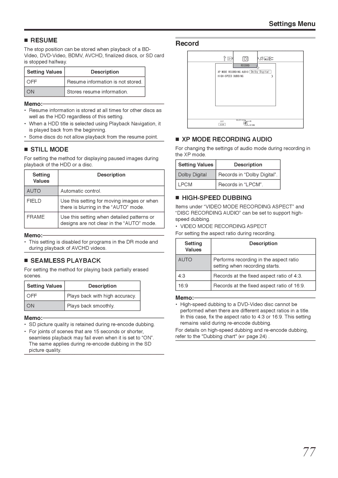 Tascam BD-R2000 owner manual Resume, Still Mode, Seamless Playback, XP Mode Recording Audio, HIGH-SPEED Dubbing 