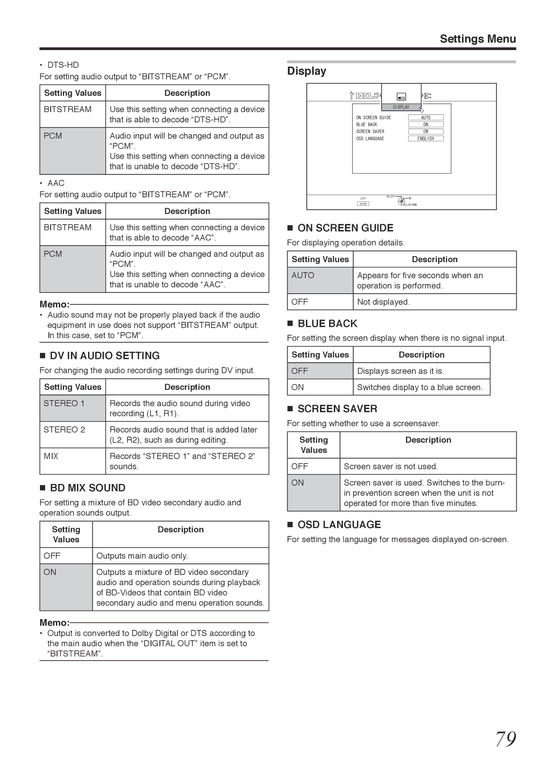 Tascam BD-R2000 owner manual DV in Audio Setting, BD MIX Sound, On Screen Guide, Blue Back, Screen Saver, OSD Language 