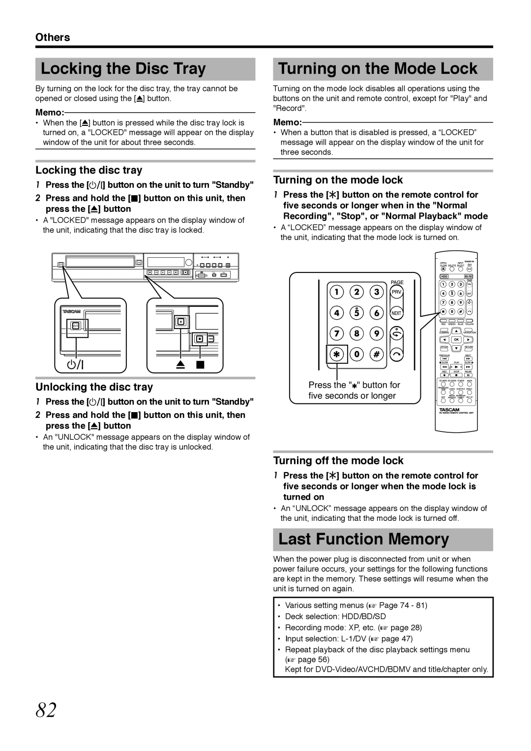 Tascam BD-R2000 owner manual Locking the Disc Tray, Turning on the Mode Lock, Last Function Memory 