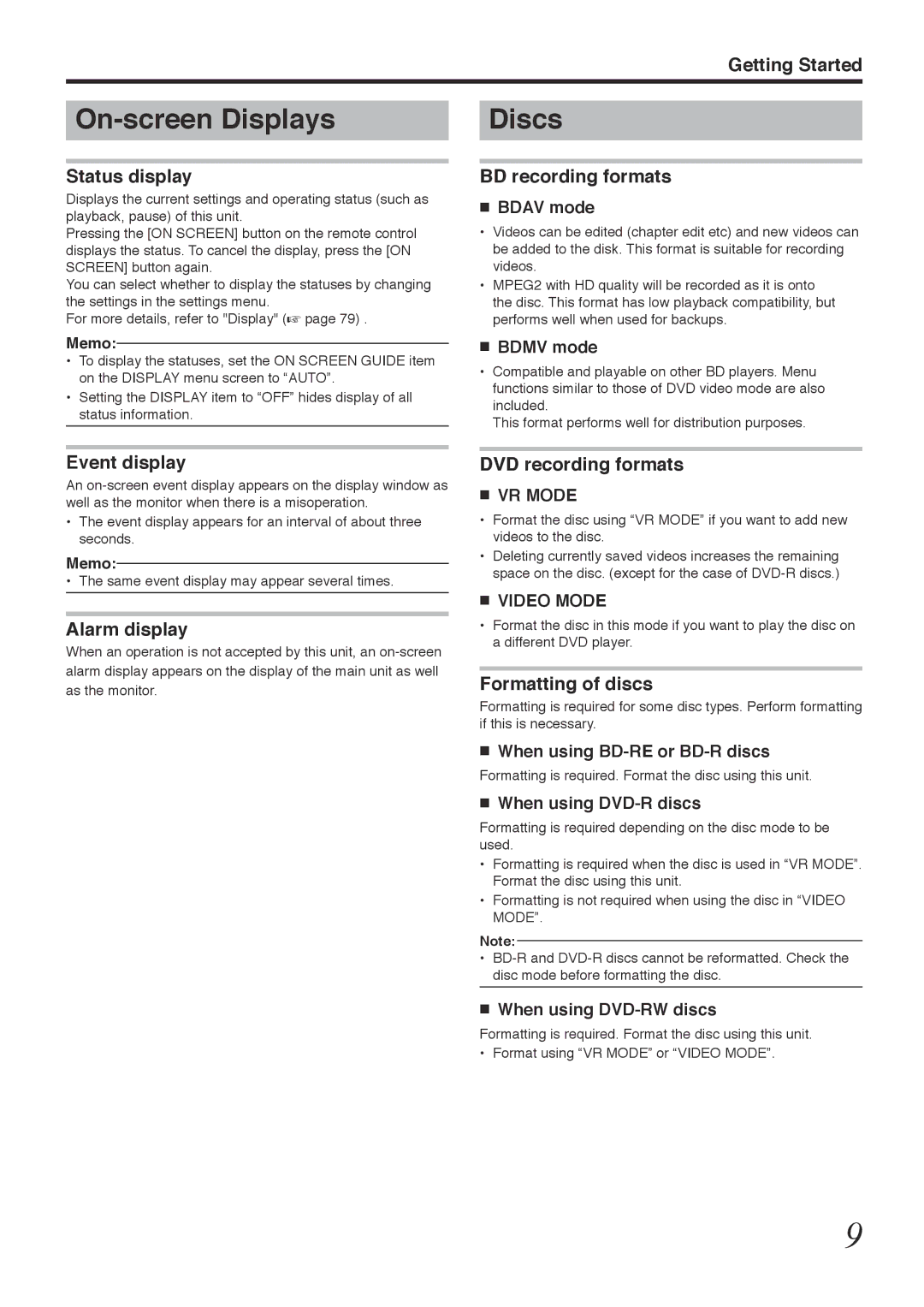 Tascam BD-R2000 owner manual On-screen Displays, Discs 