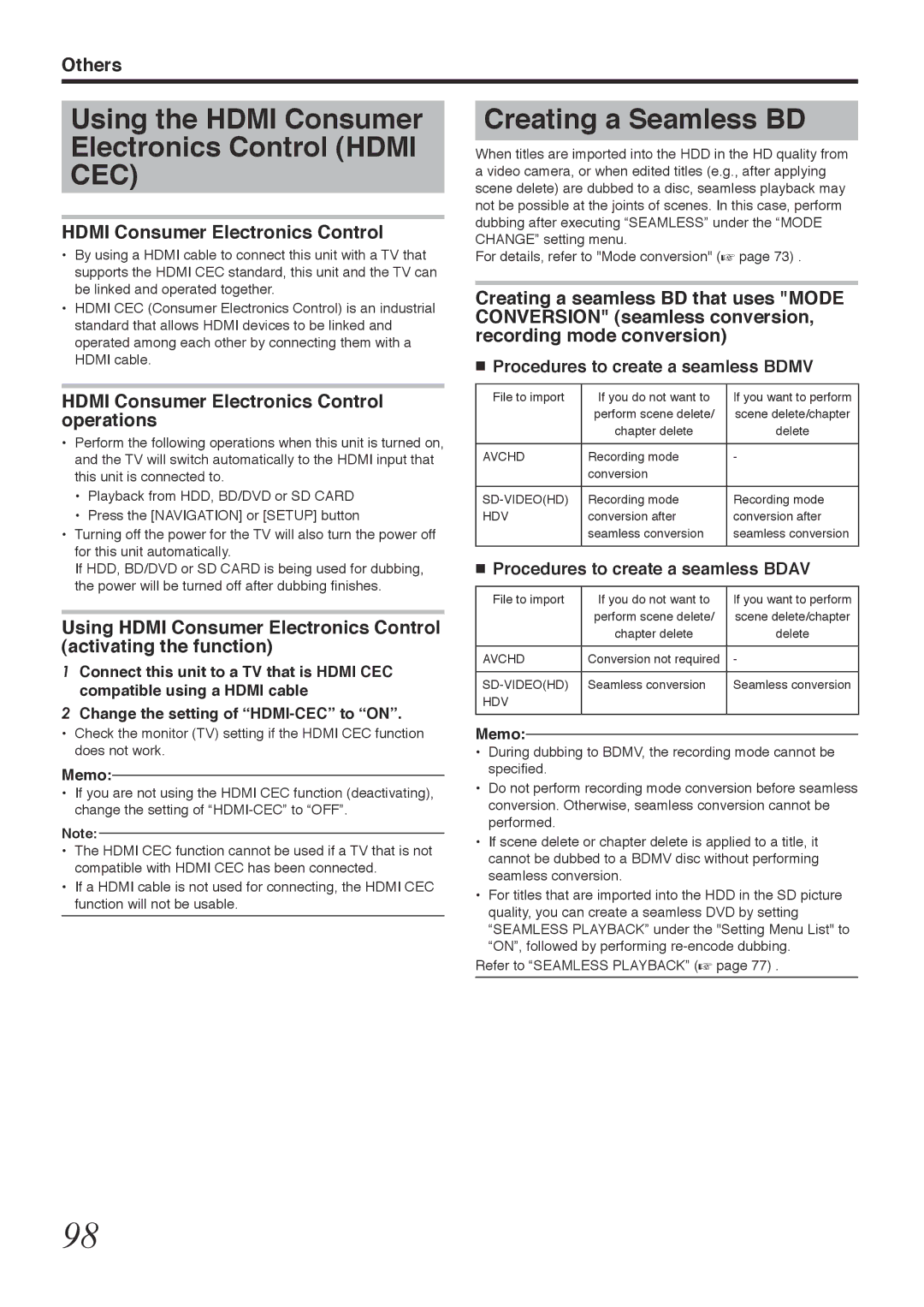 Tascam BD-R2000 owner manual Using the Hdmi Consumer Electronics Control Hdmi, Creating a Seamless BD 