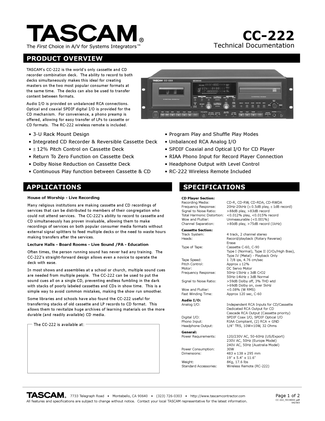Tascam CC-222 specifications Technical Documentation, Product Overview, Applications, Specifications 